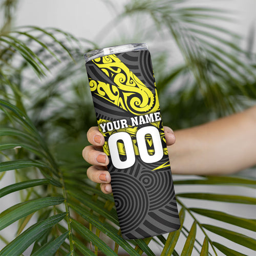 Custom Panthers Rugby 60th Anniversary Skinny Tumbler Penrith Polynesian Tribal Pattern - Traditional Tattoo
