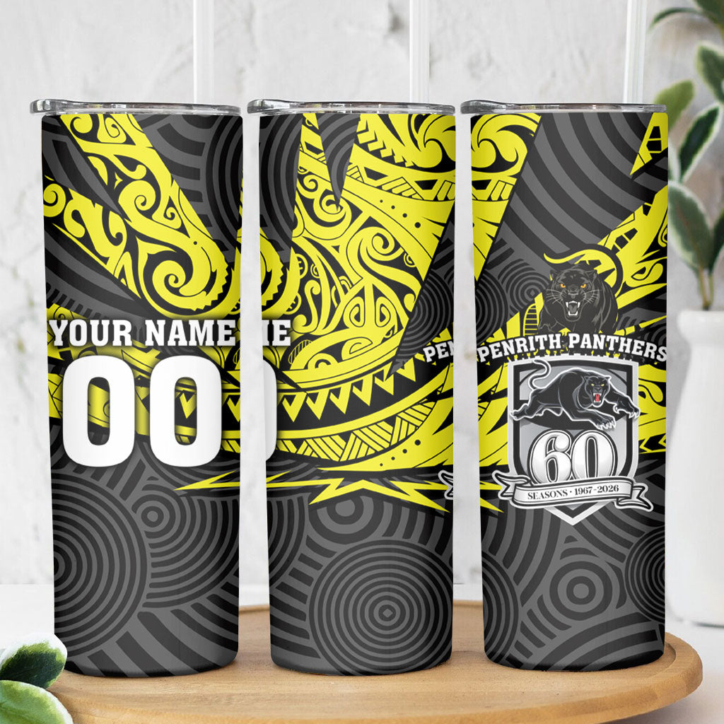Custom Panthers Rugby 60th Anniversary Skinny Tumbler Penrith Polynesian Tribal Pattern - Traditional Tattoo
