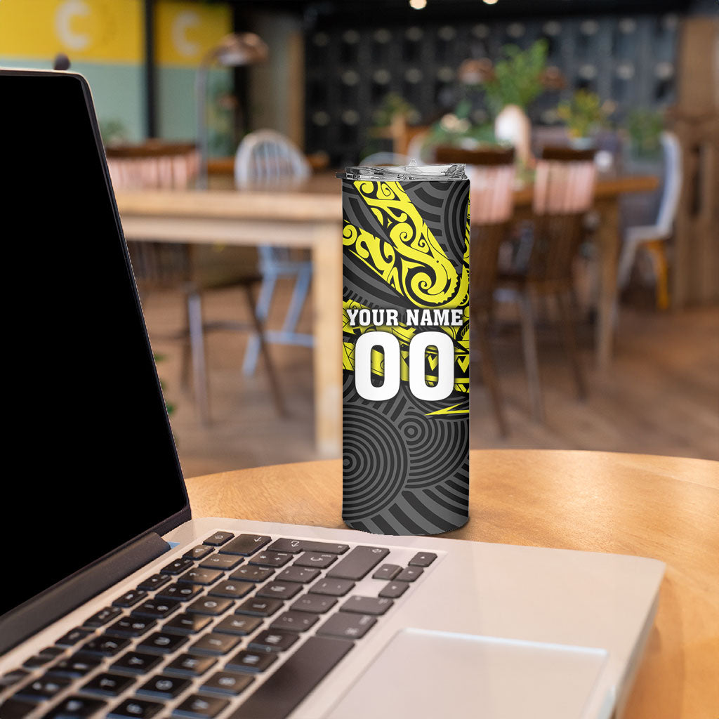 Custom Panthers Rugby 60th Anniversary Skinny Tumbler Penrith Polynesian Tribal Pattern - Traditional Tattoo
