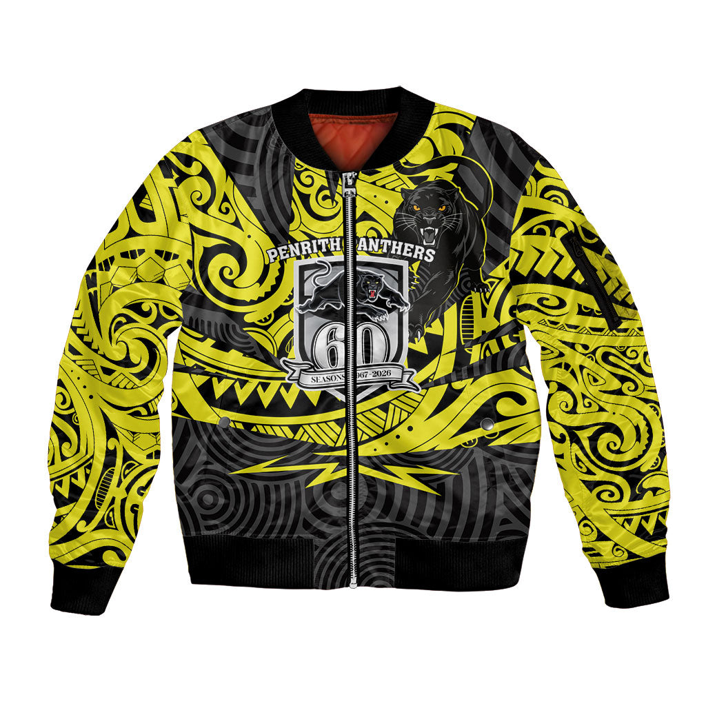 Custom Panthers Rugby 60th Anniversary Sleeve Zip Bomber Jacket Penrith Polynesian Tribal Pattern - Traditional Tattoo