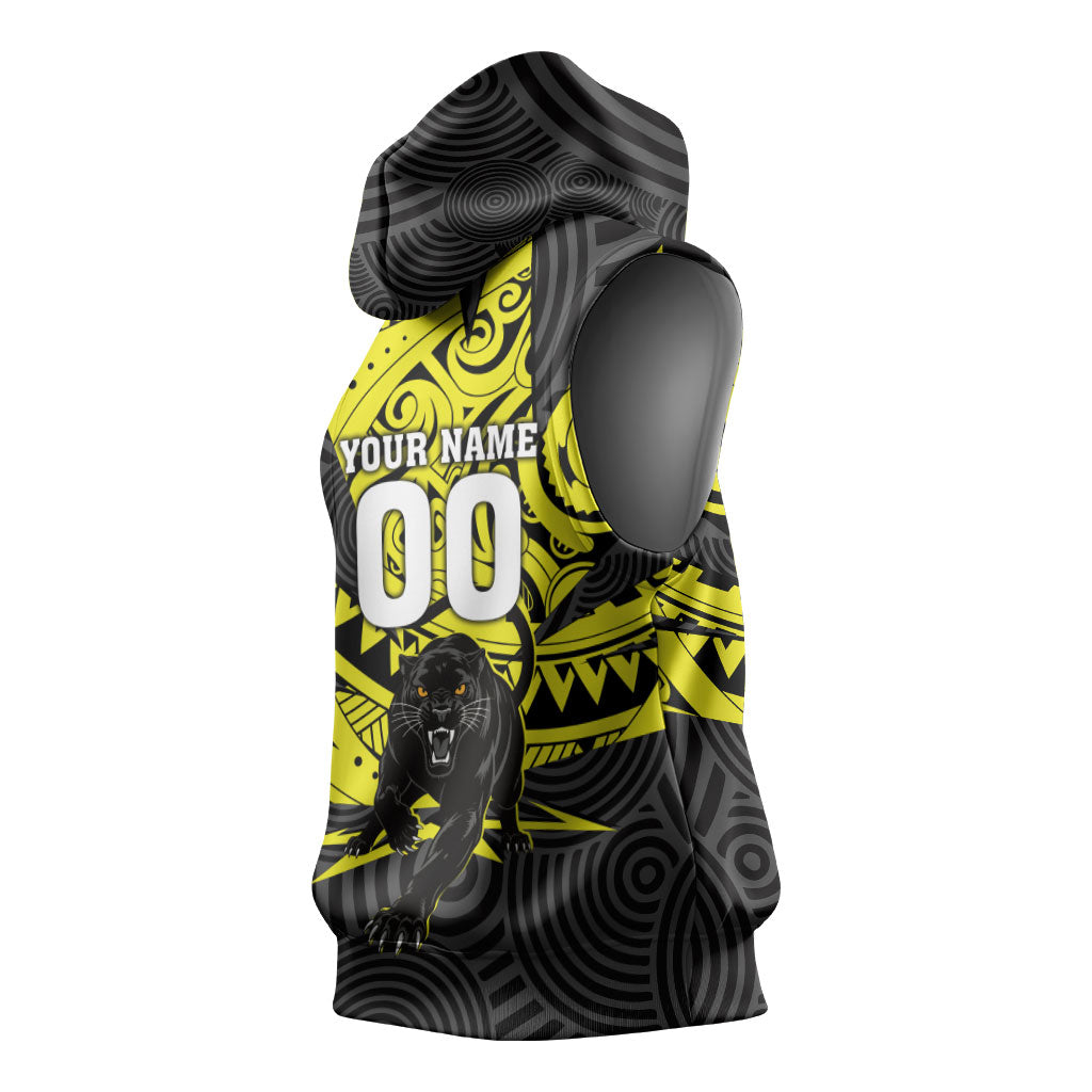 Custom Panthers Rugby 60th Anniversary Sleeveless Hoodie Penrith Polynesian Tribal Pattern - Traditional Tattoo