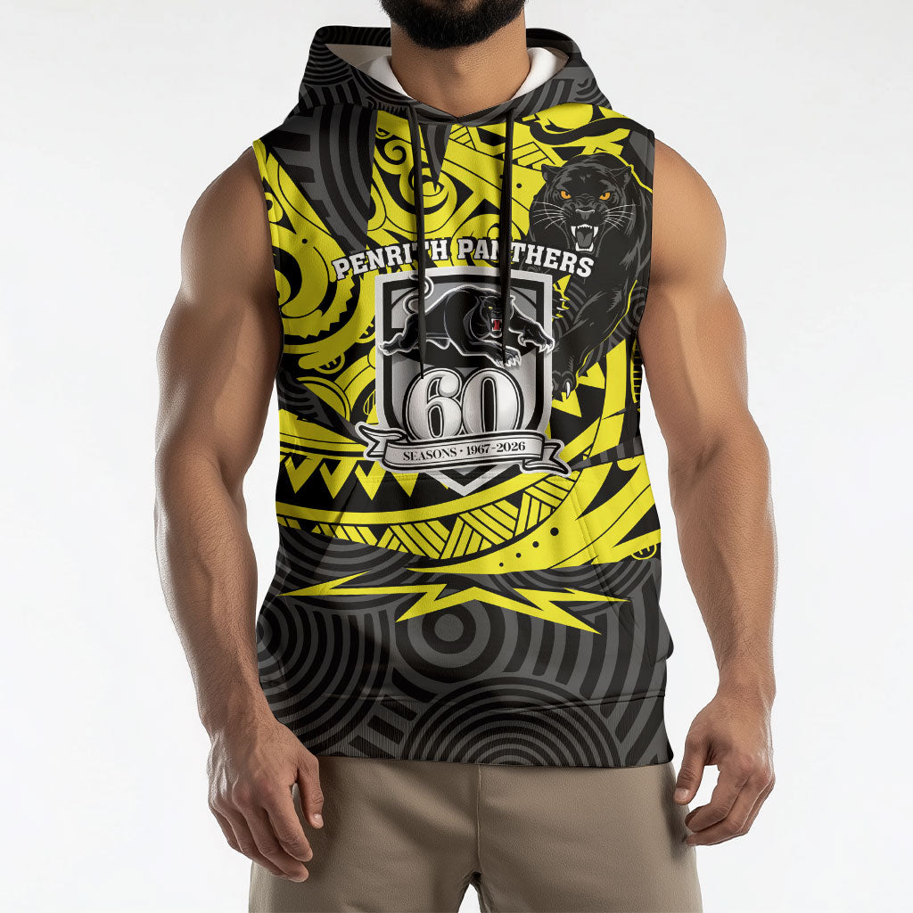 Custom Panthers Rugby 60th Anniversary Sleeveless Hoodie Penrith Polynesian Tribal Pattern - Traditional Tattoo