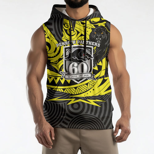 Custom Panthers Rugby 60th Anniversary Sleeveless Hoodie Penrith Polynesian Tribal Pattern - Traditional Tattoo