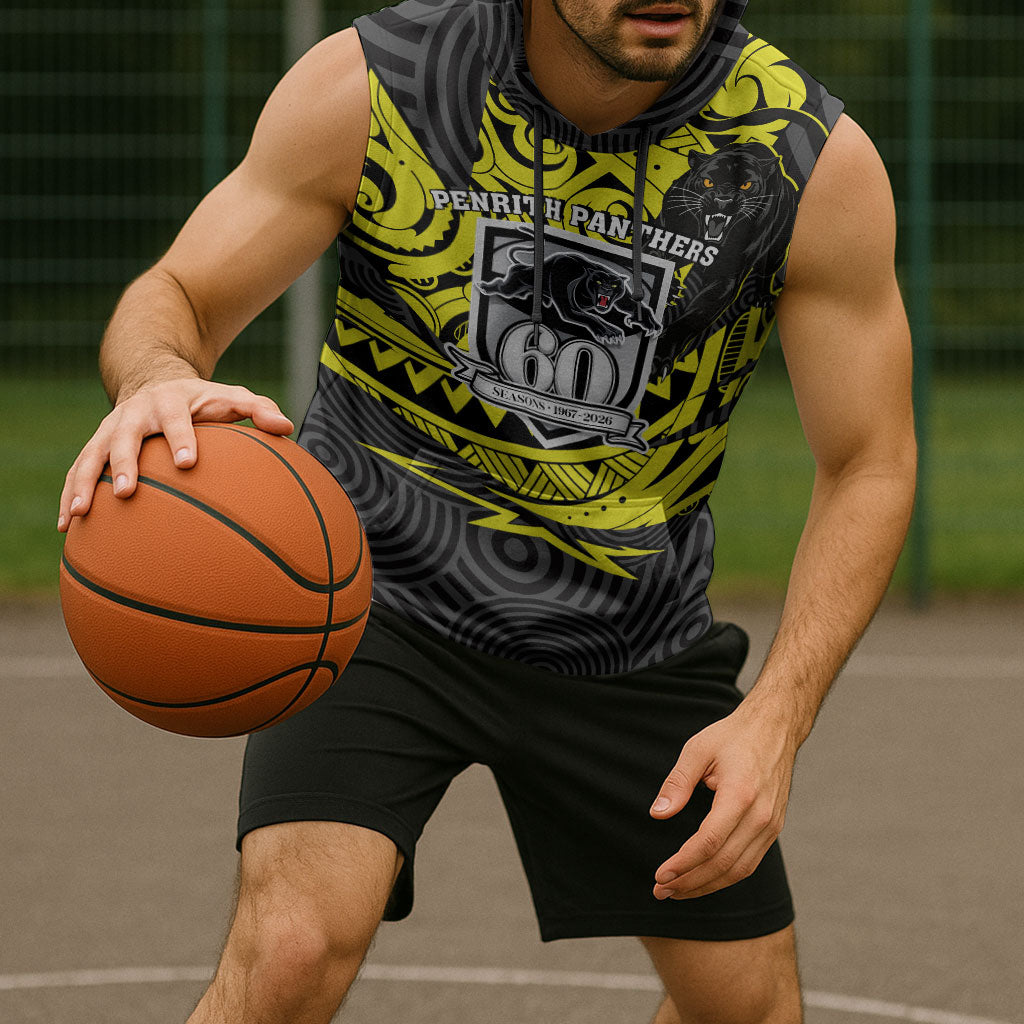 Custom Panthers Rugby 60th Anniversary Sleeveless Hoodie Penrith Polynesian Tribal Pattern - Traditional Tattoo
