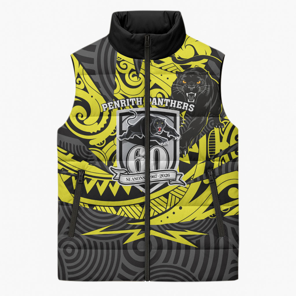 Custom Panthers Rugby 60th Anniversary Sleeveless Puffer Jacket Penrith Polynesian Tribal Pattern - Traditional Tattoo