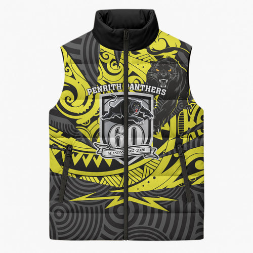 Custom Panthers Rugby 60th Anniversary Sleeveless Puffer Jacket Penrith Polynesian Tribal Pattern - Traditional Tattoo