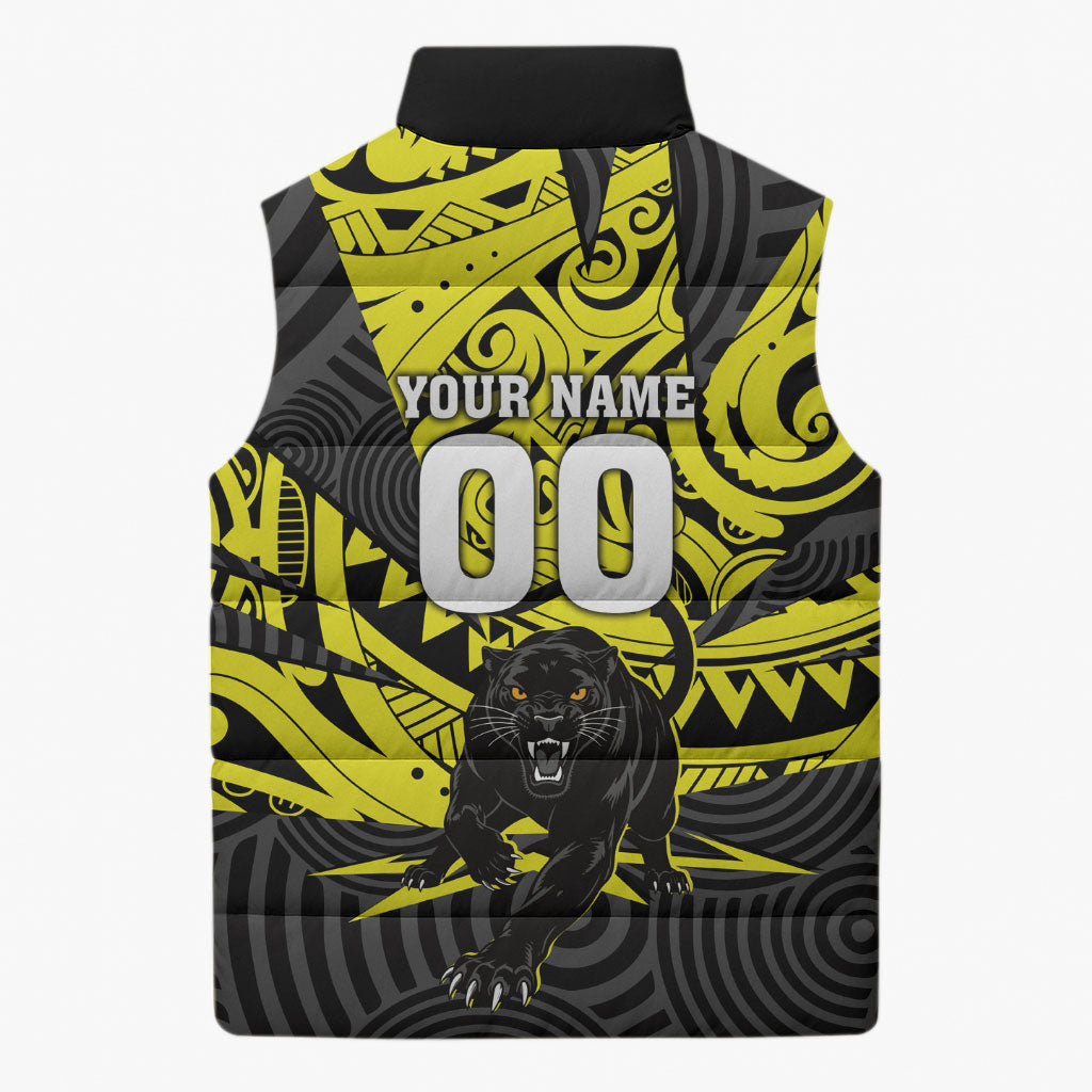 Custom Panthers Rugby 60th Anniversary Sleeveless Puffer Jacket Penrith Polynesian Tribal Pattern - Traditional Tattoo