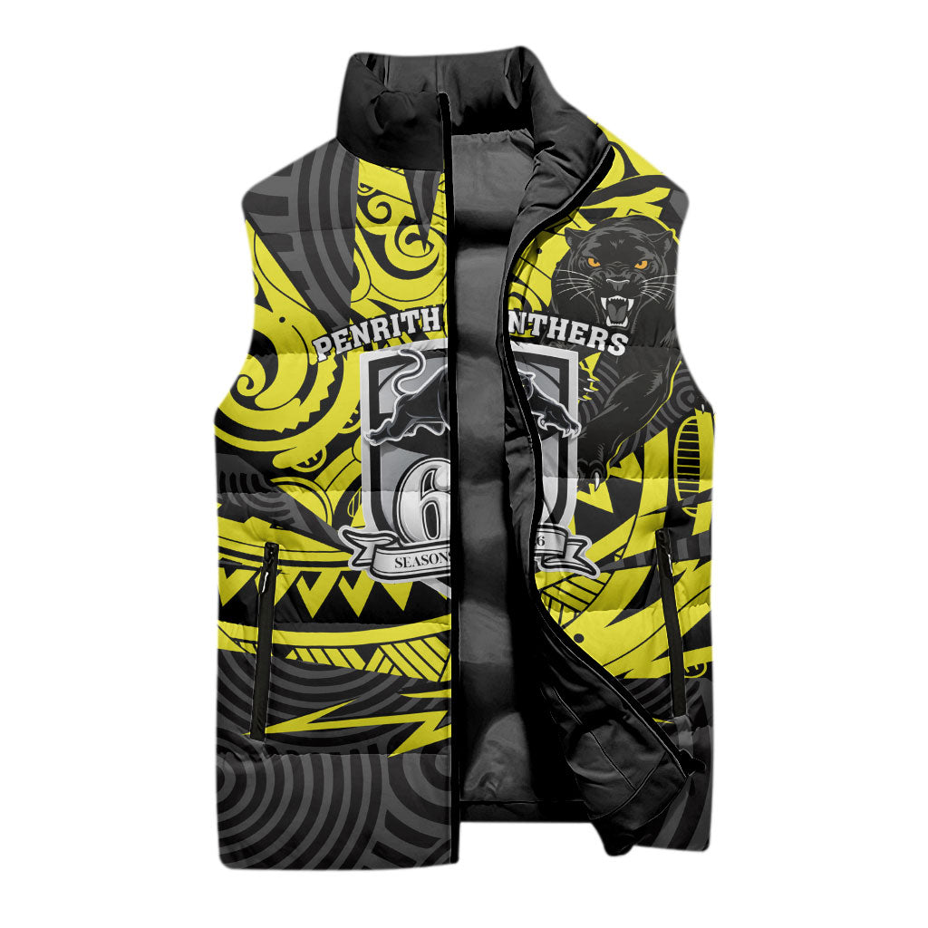 Custom Panthers Rugby 60th Anniversary Sleeveless Puffer Jacket Penrith Polynesian Tribal Pattern - Traditional Tattoo