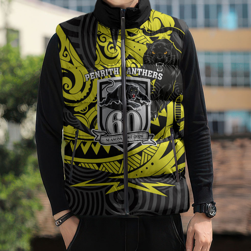 Custom Panthers Rugby 60th Anniversary Sleeveless Puffer Jacket Penrith Polynesian Tribal Pattern - Traditional Tattoo