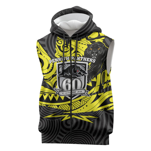 Custom Panthers Rugby 60th Anniversary Sleeveless Zip Hoodie Penrith Polynesian Tribal Pattern - Traditional Tattoo