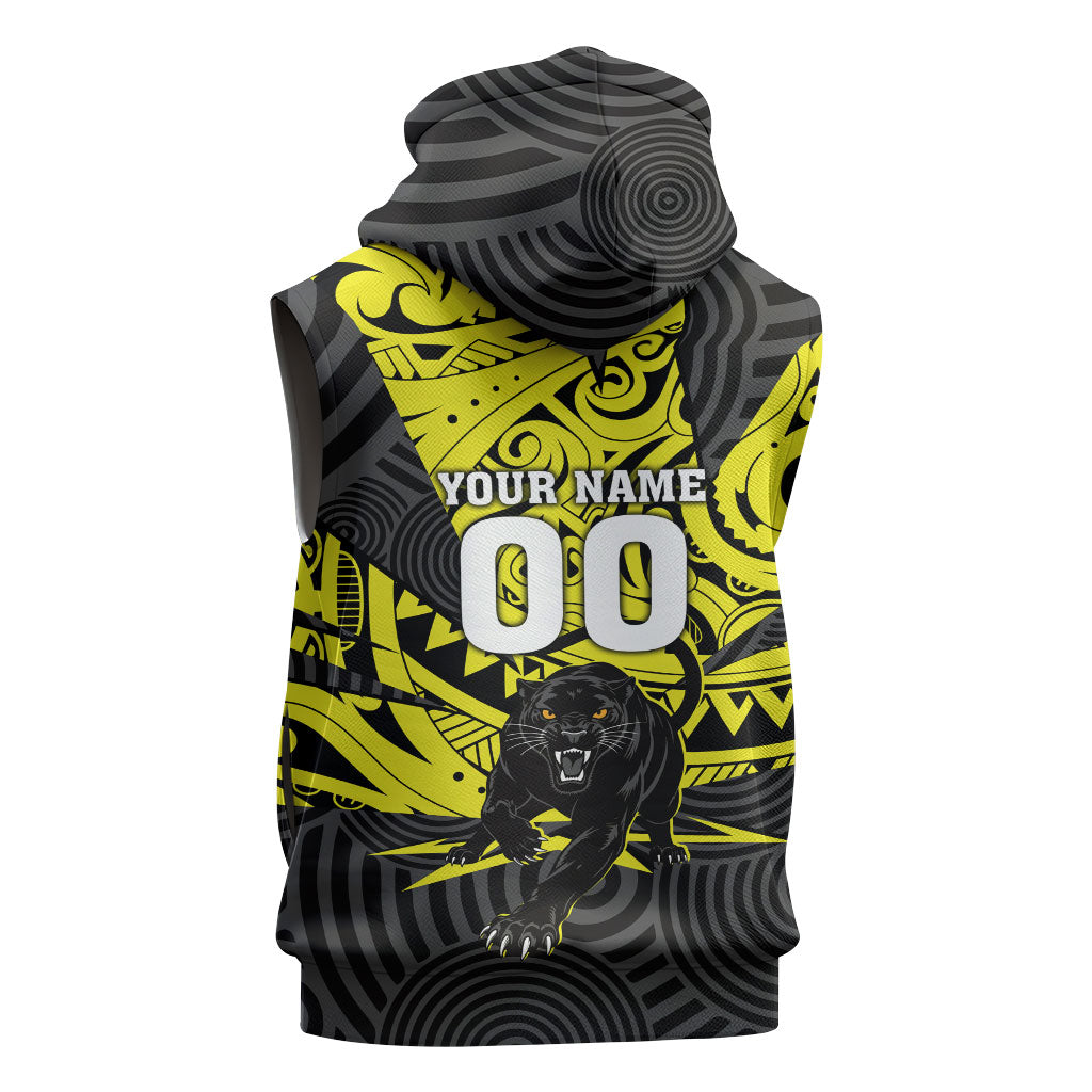 Custom Panthers Rugby 60th Anniversary Sleeveless Zip Hoodie Penrith Polynesian Tribal Pattern - Traditional Tattoo