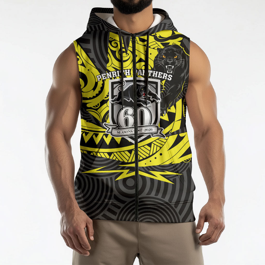 Custom Panthers Rugby 60th Anniversary Sleeveless Zip Hoodie Penrith Polynesian Tribal Pattern - Traditional Tattoo