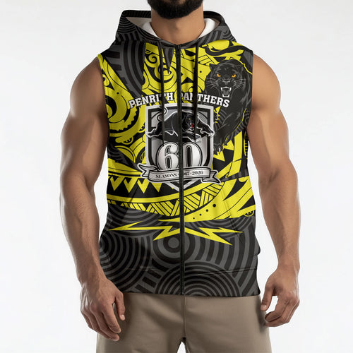 Custom Panthers Rugby 60th Anniversary Sleeveless Zip Hoodie Penrith Polynesian Tribal Pattern - Traditional Tattoo