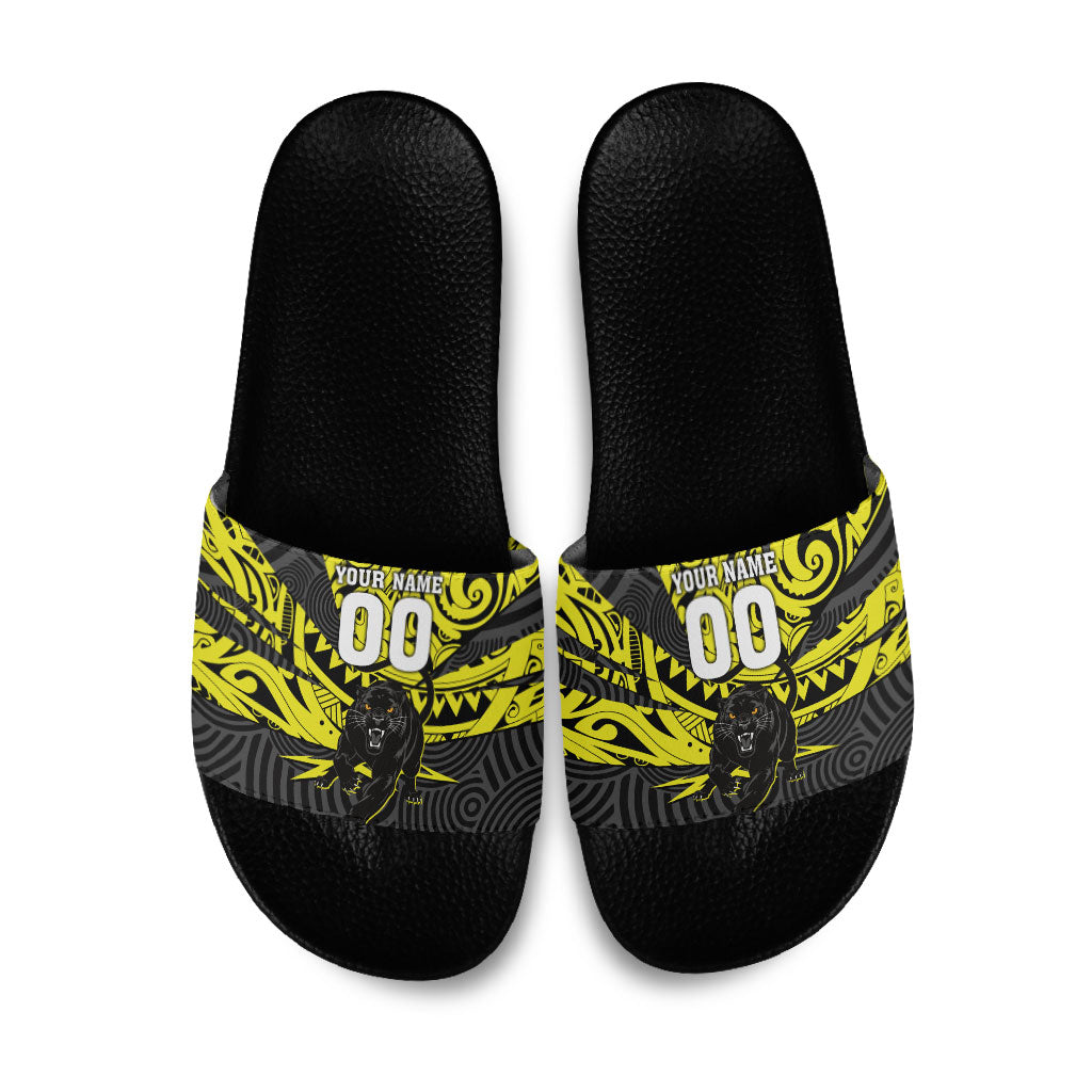 Custom Panthers Rugby 60th Anniversary Slide Sandals Penrith Polynesian Tribal Pattern - Traditional Tattoo