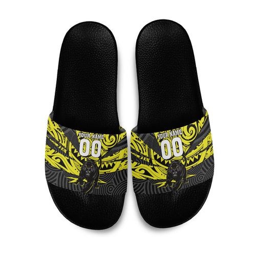 Custom Panthers Rugby 60th Anniversary Slide Sandals Penrith Polynesian Tribal Pattern - Traditional Tattoo