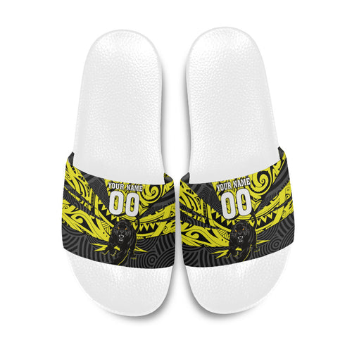 Custom Panthers Rugby 60th Anniversary Slide Sandals Penrith Polynesian Tribal Pattern - Traditional Tattoo