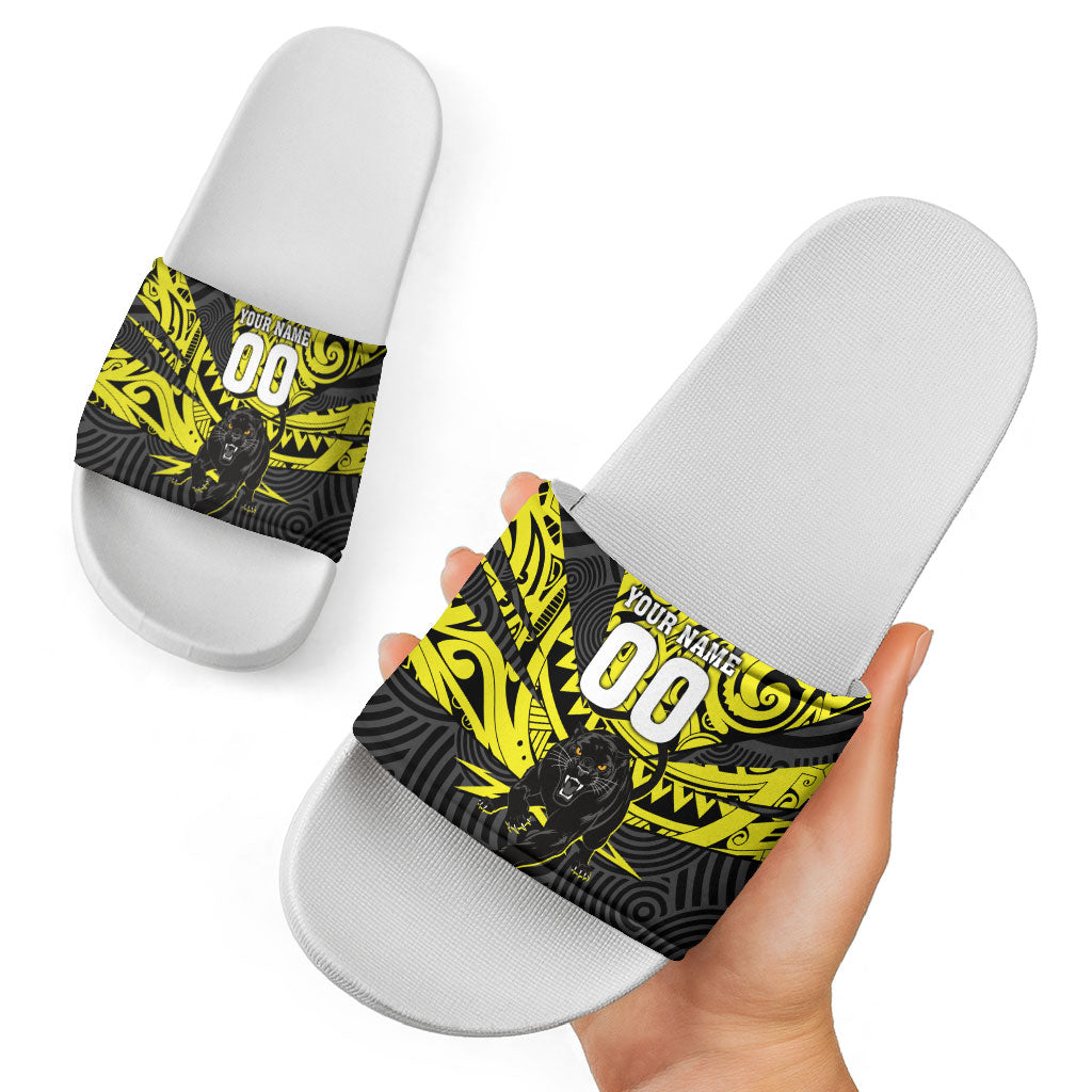 Custom Panthers Rugby 60th Anniversary Slide Sandals Penrith Polynesian Tribal Pattern - Traditional Tattoo