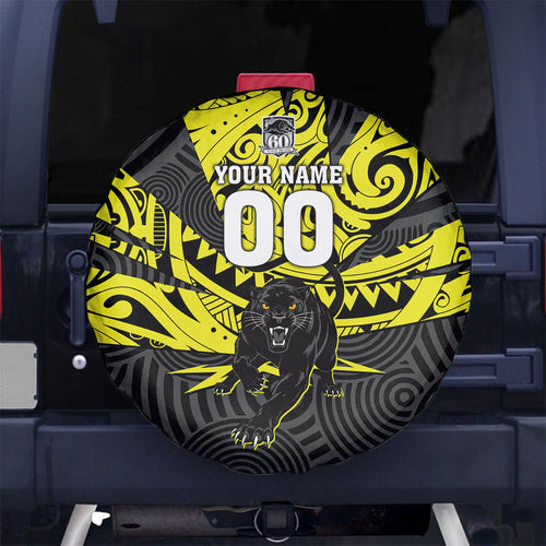 Custom Panthers Rugby 60th Anniversary Spare Tire Cover Penrith Polynesian Tribal Pattern - Traditional Tattoo