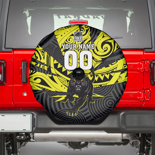 Custom Panthers Rugby 60th Anniversary Spare Tire Cover Penrith Polynesian Tribal Pattern - Traditional Tattoo