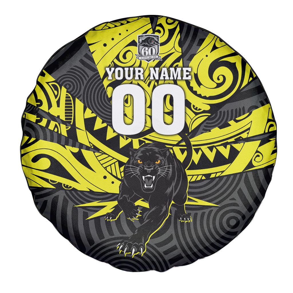 Custom Panthers Rugby 60th Anniversary Spare Tire Cover Penrith Polynesian Tribal Pattern - Traditional Tattoo