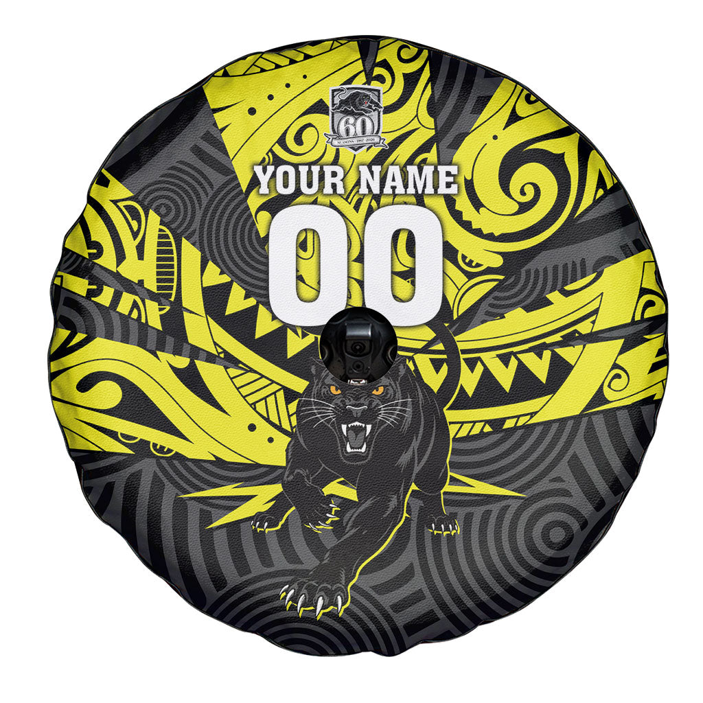 Custom Panthers Rugby 60th Anniversary Spare Tire Cover Penrith Polynesian Tribal Pattern - Traditional Tattoo