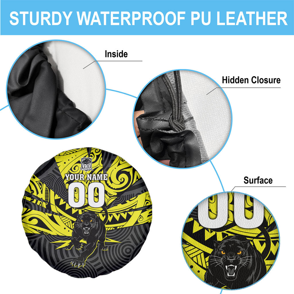 Custom Panthers Rugby 60th Anniversary Spare Tire Cover Penrith Polynesian Tribal Pattern - Traditional Tattoo