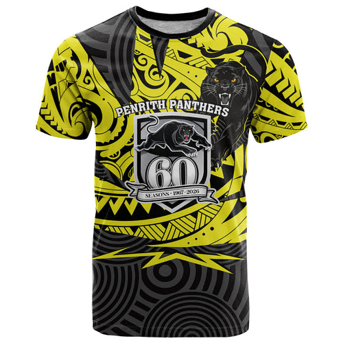 Custom Panthers Rugby 60th Anniversary T Shirt Penrith Polynesian Tribal Pattern - Traditional Tattoo