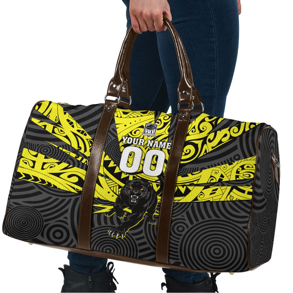 Custom Panthers Rugby 60th Anniversary Travel Bag Penrith Polynesian Tribal Pattern - Traditional Tattoo
