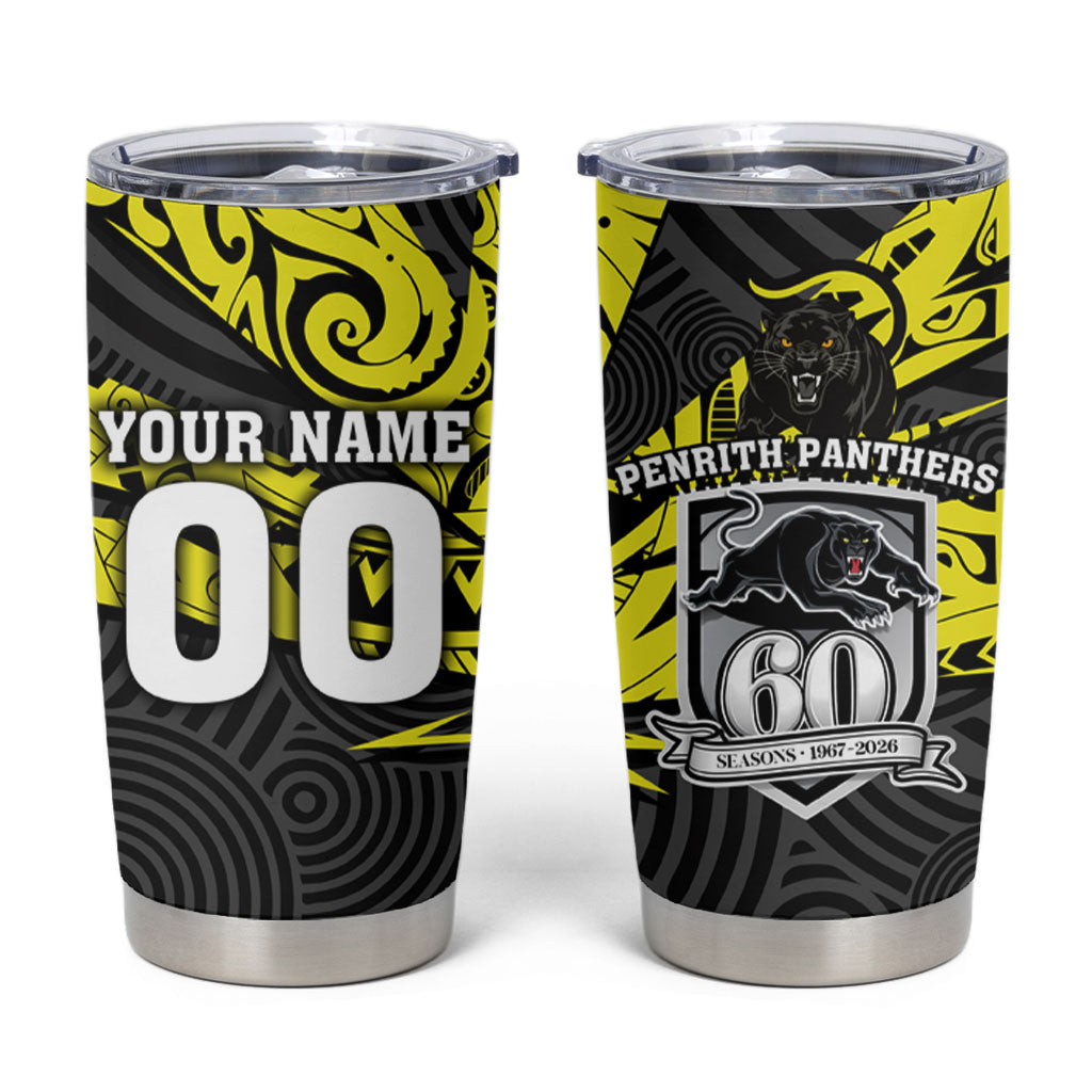 Custom Panthers Rugby 60th Anniversary Tumbler Cup Penrith Polynesian Tribal Pattern - Traditional Tattoo