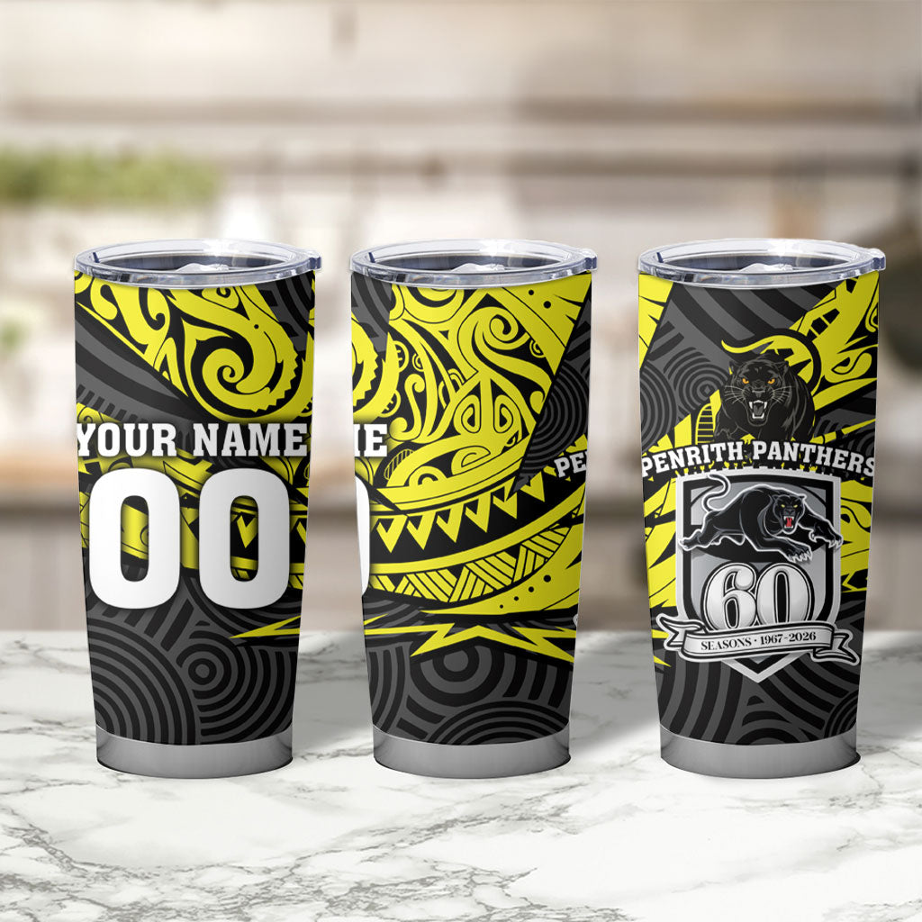 Custom Panthers Rugby 60th Anniversary Tumbler Cup Penrith Polynesian Tribal Pattern - Traditional Tattoo