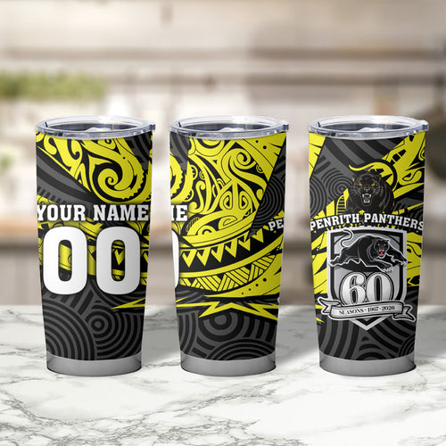 Custom Panthers Rugby 60th Anniversary Tumbler Cup Penrith Polynesian Tribal Pattern - Traditional Tattoo