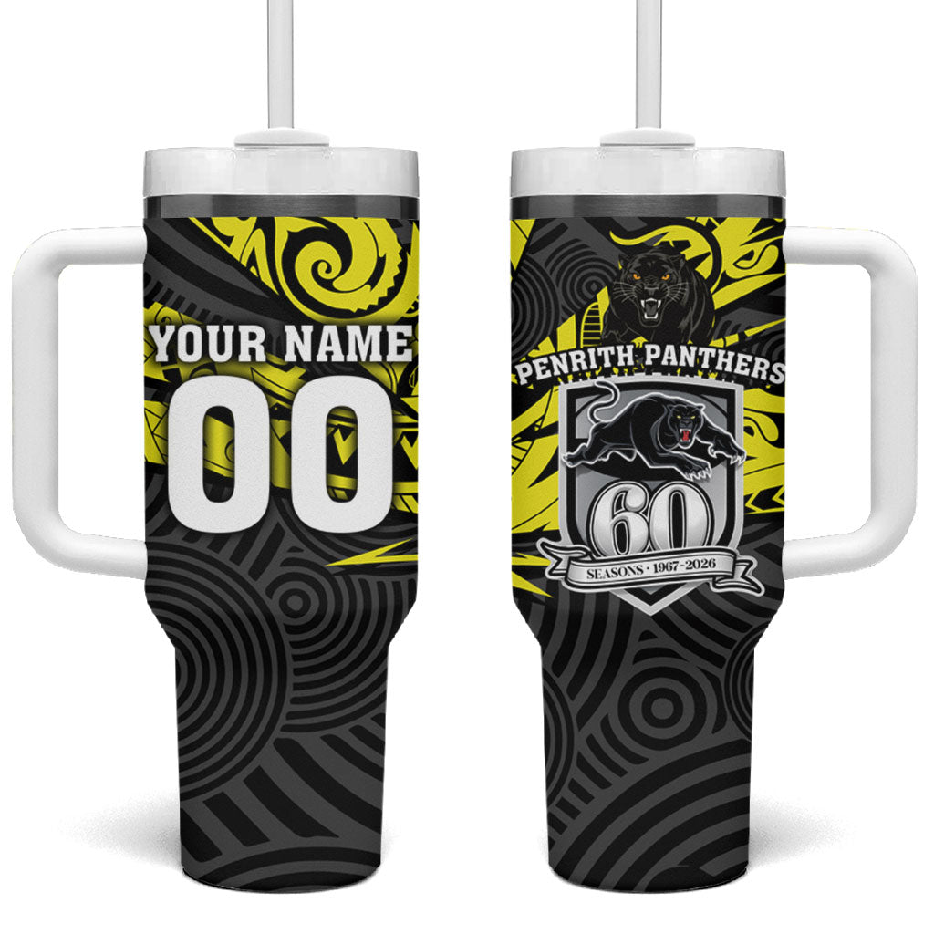 Custom Panthers Rugby 60th Anniversary Tumbler With Handle Penrith Polynesian Tribal Pattern - Traditional Tattoo