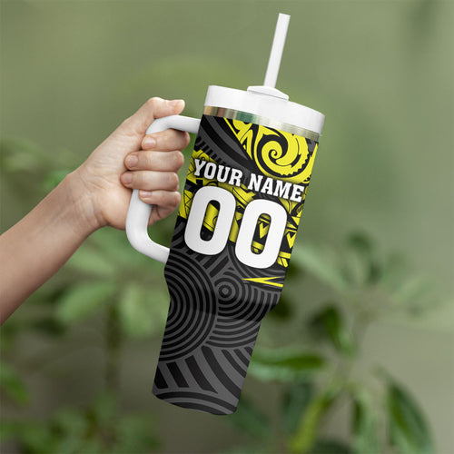 Custom Panthers Rugby 60th Anniversary Tumbler With Handle Penrith Polynesian Tribal Pattern - Traditional Tattoo