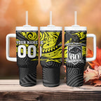 Custom Panthers Rugby 60th Anniversary Tumbler With Handle Penrith Polynesian Tribal Pattern - Traditional Tattoo