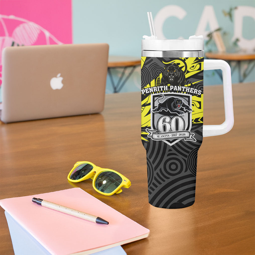 Custom Panthers Rugby 60th Anniversary Tumbler With Handle Penrith Polynesian Tribal Pattern - Traditional Tattoo
