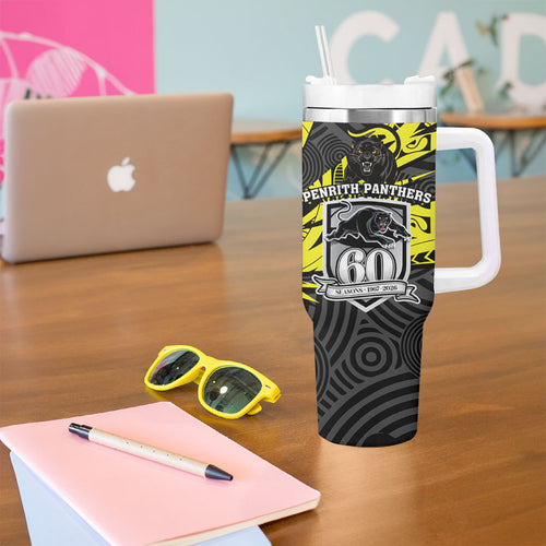 Custom Panthers Rugby 60th Anniversary Tumbler With Handle Penrith Polynesian Tribal Pattern - Traditional Tattoo