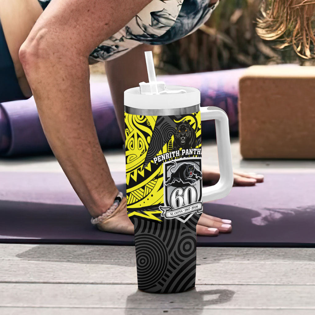 Custom Panthers Rugby 60th Anniversary Tumbler With Handle Penrith Polynesian Tribal Pattern - Traditional Tattoo