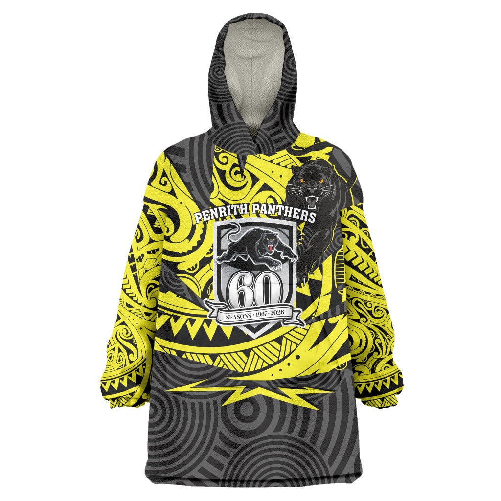 Custom Panthers Rugby 60th Anniversary Wearable Blanket Hoodie Penrith Polynesian Tribal Pattern - Traditional Tattoo