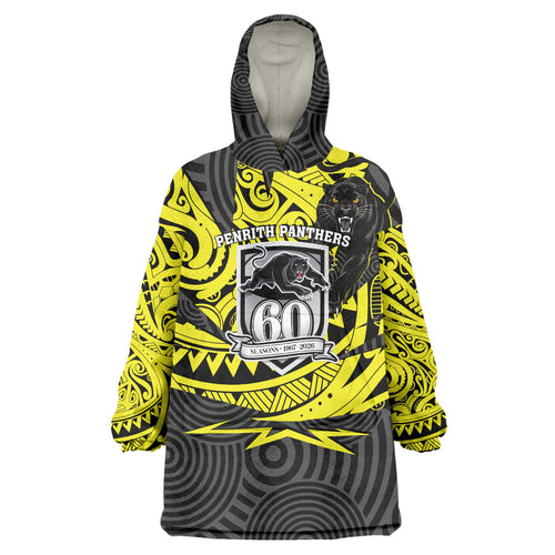 Custom Panthers Rugby 60th Anniversary Wearable Blanket Hoodie Penrith Polynesian Tribal Pattern - Traditional Tattoo