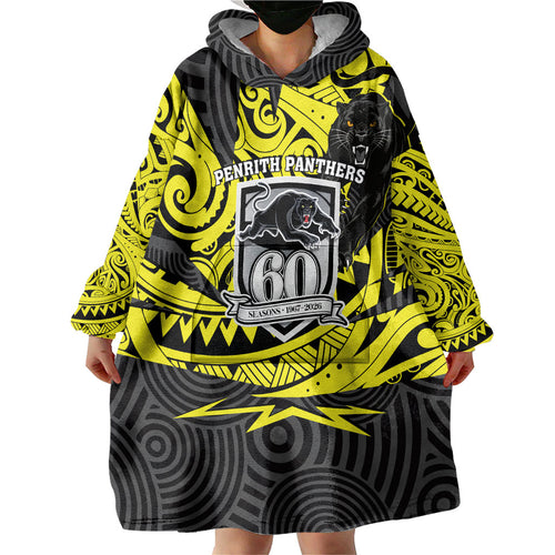 Custom Panthers Rugby 60th Anniversary Wearable Blanket Hoodie Penrith Polynesian Tribal Pattern - Traditional Tattoo