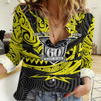 Custom Panthers Rugby 60th Anniversary Women Casual Shirt Penrith Polynesian Tribal Pattern - Traditional Tattoo