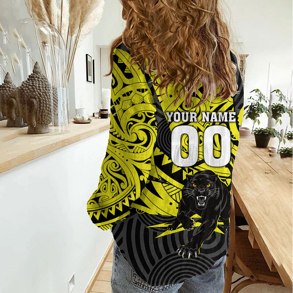 Custom Panthers Rugby 60th Anniversary Women Casual Shirt Penrith Polynesian Tribal Pattern - Traditional Tattoo