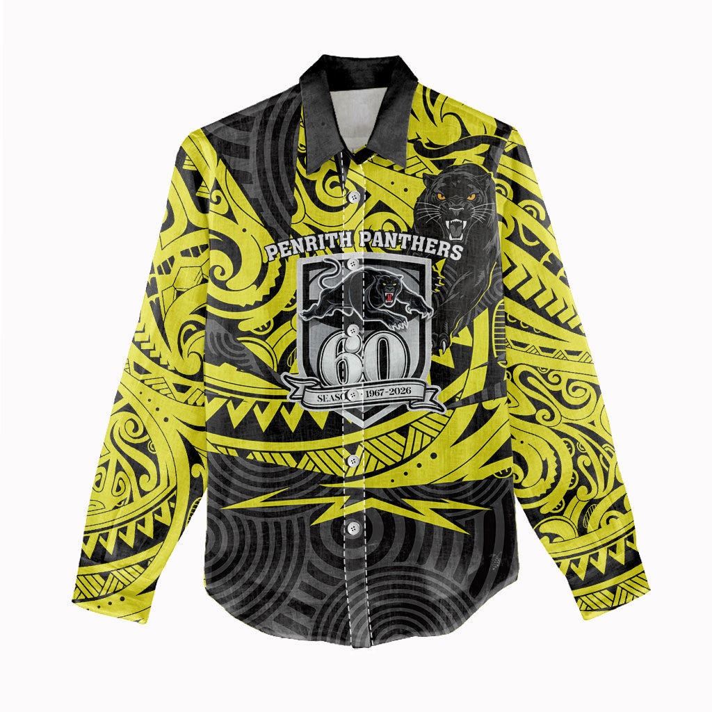 Custom Panthers Rugby 60th Anniversary Women Casual Shirt Penrith Polynesian Tribal Pattern - Traditional Tattoo