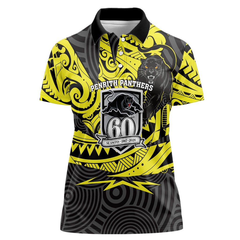 Custom Panthers Rugby 60th Anniversary Women Polo Shirt Penrith Polynesian Tribal Pattern - Traditional Tattoo
