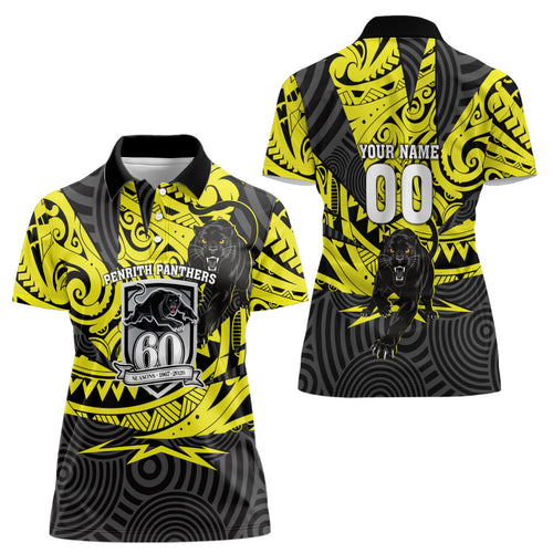 Custom Panthers Rugby 60th Anniversary Women Polo Shirt Penrith Polynesian Tribal Pattern - Traditional Tattoo