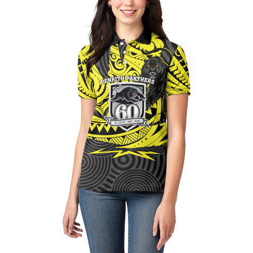 Custom Panthers Rugby 60th Anniversary Women Polo Shirt Penrith Polynesian Tribal Pattern - Traditional Tattoo