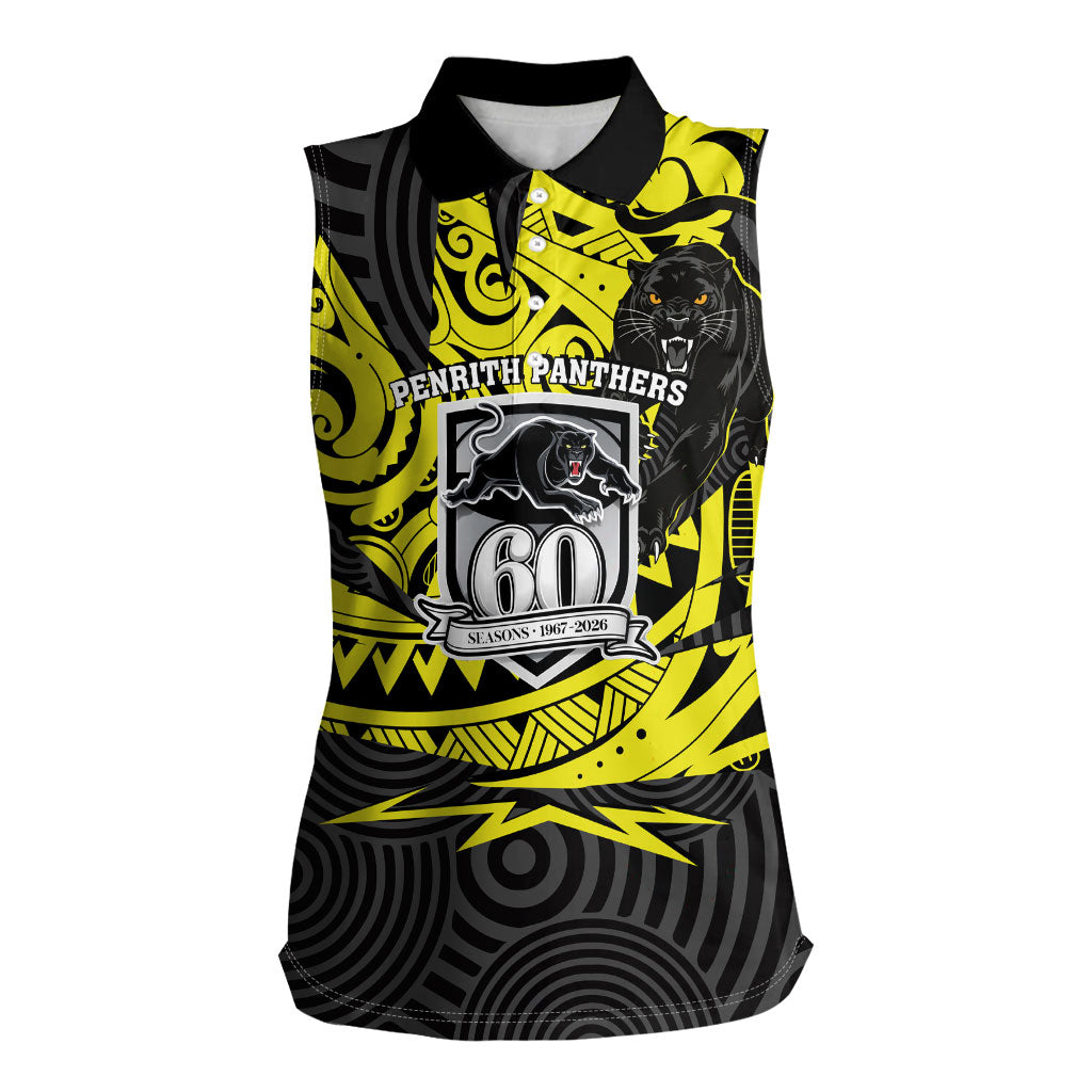 Custom Panthers Rugby 60th Anniversary Women Sleeveless Polo Shirt Penrith Polynesian Tribal Pattern - Traditional Tattoo