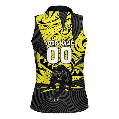 Custom Panthers Rugby 60th Anniversary Women Sleeveless Polo Shirt Penrith Polynesian Tribal Pattern - Traditional Tattoo