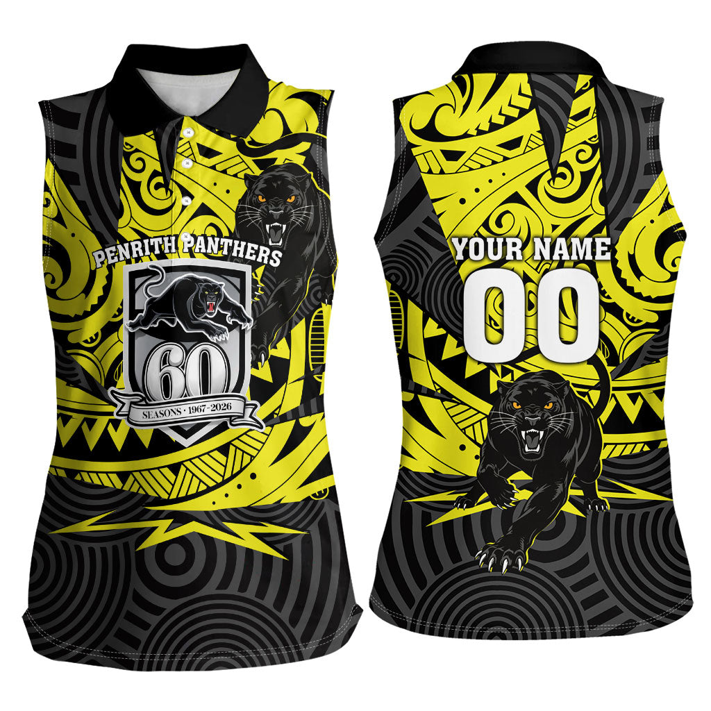 Custom Panthers Rugby 60th Anniversary Women Sleeveless Polo Shirt Penrith Polynesian Tribal Pattern - Traditional Tattoo