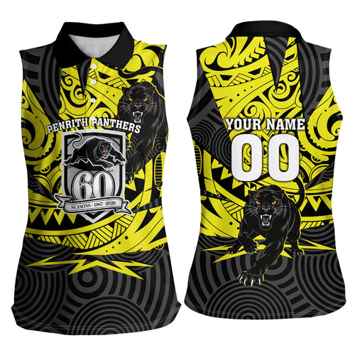 Custom Panthers Rugby 60th Anniversary Women Sleeveless Polo Shirt Penrith Polynesian Tribal Pattern - Traditional Tattoo
